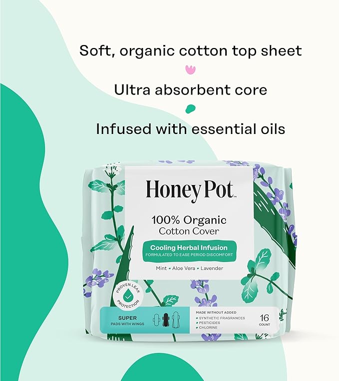 The Honey Pot Company - 64ct - Herbal Pads for Women - Super w/Wings - Infused w/Essential Oils for Cooling Effect, Organic Cotton Cover, & Ultra-Absorbent Pulp Core - Feminine Care