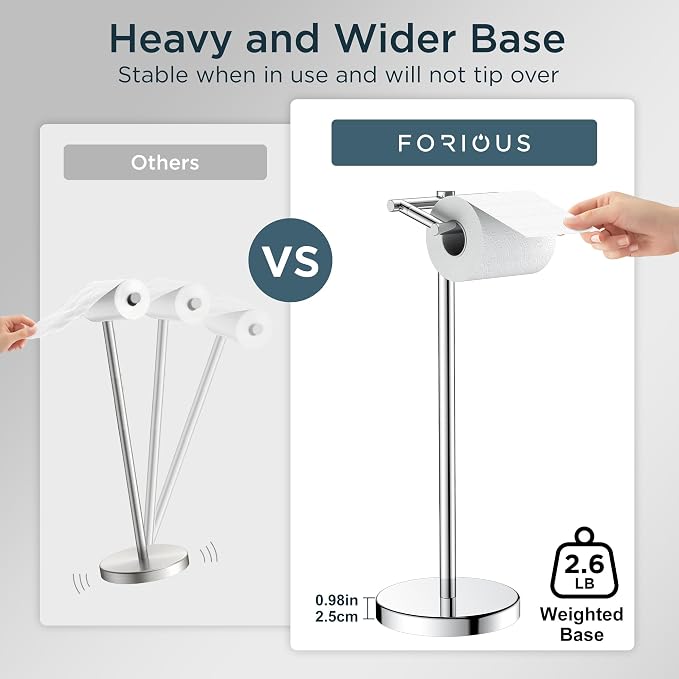 FORIOUS Toilet Paper Holder Wall Mount, Stainless Steel Rustproof Double Post Pivoting Tissue Roll Holder for Bathroom, Commercial Toilet Paper Dispenser Freestanding Toilet Paper Stand, Chrome