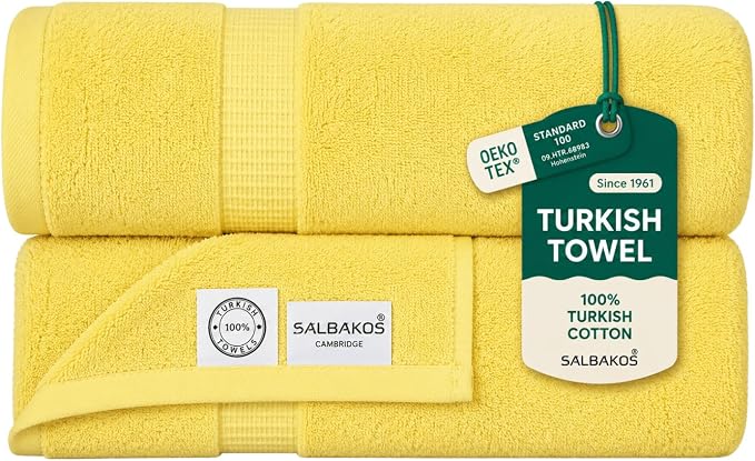 SALBAKOS 2-Piece 100% Turkish Cotton Bath Towels, Extra-Large 35x70 Yellow | Oversized Bath Sheet Towel for Bathroom & Beach, Thick, Super Soft, Highly Absorbent, Premium Hotel Quality, Made in Turkey