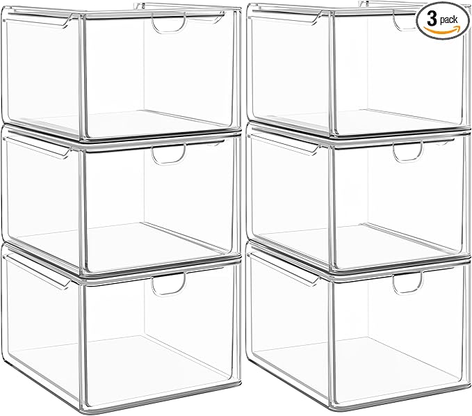 caktraie 6 Pack Small Clear Stackable Acrylic Storage Boxes for Art Tool & Sketch, Stroage Drawers, Makeup Organizer, Plastic Storage Bins For Vanity, Kitchen Cabinets, Pantry, Home Organization