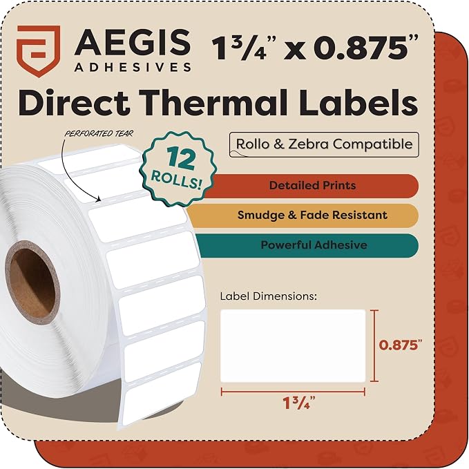 Aegis Adhesives - 1.75" X 0.875" Direct Thermal Labels (18000 Count, 12 Rolls) - Barcode Stickers, File Folder Labels, Shelf Edge Identification - Compatible with Zebra and Rollo Printers
