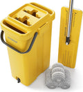 JOYMOOP Industrial Mop and Bucket Set, 17.7-inch Dust Mops for Floor Cleaning, Flat Mop Bucket with Wringer, Include 3 Reusable Microfiber Mop Pads - Yellow