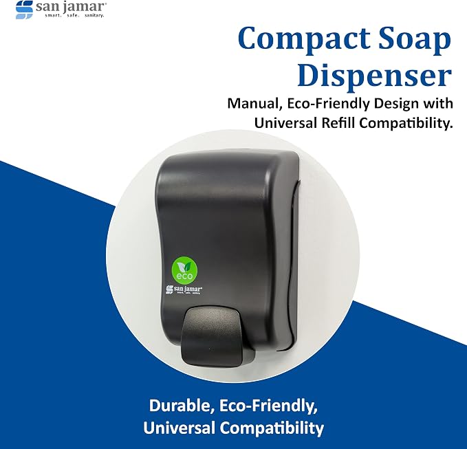 San Jamar Rely Soap Dispenser – 900ml Wall Mounted Manual Liquid Dispenser with Efficient Pump for Home and Commercial Use, Black Pearl