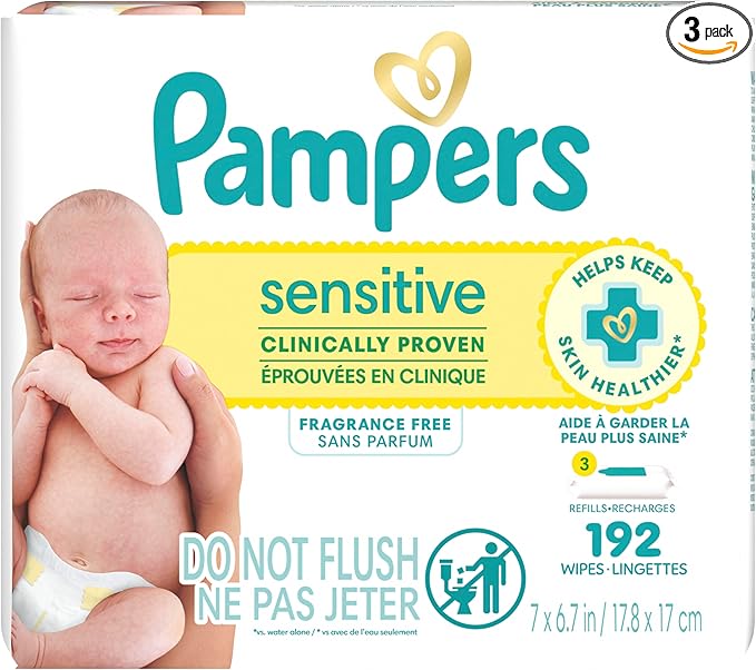 Pampers Sensitive Baby Wipes, Water Based Baby Wipes, Fragrance Free and Hypoallergenic, 192 Wipes Total (3X Refill Packs) [Packaging May Vary]