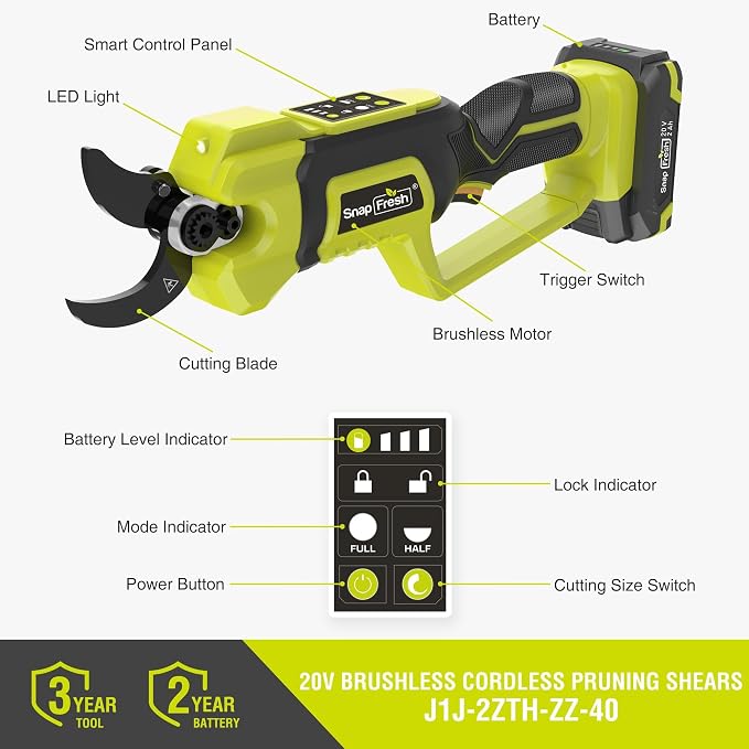 SnapFresh 20V Brushless Electric Pruning Shears, 1.6" Cordless Heavy Duty Tree Pruner with Smart Display & LED Light, 2.0Ah Battery & Fast Charger Included, SK5 Blade Branch Cutter