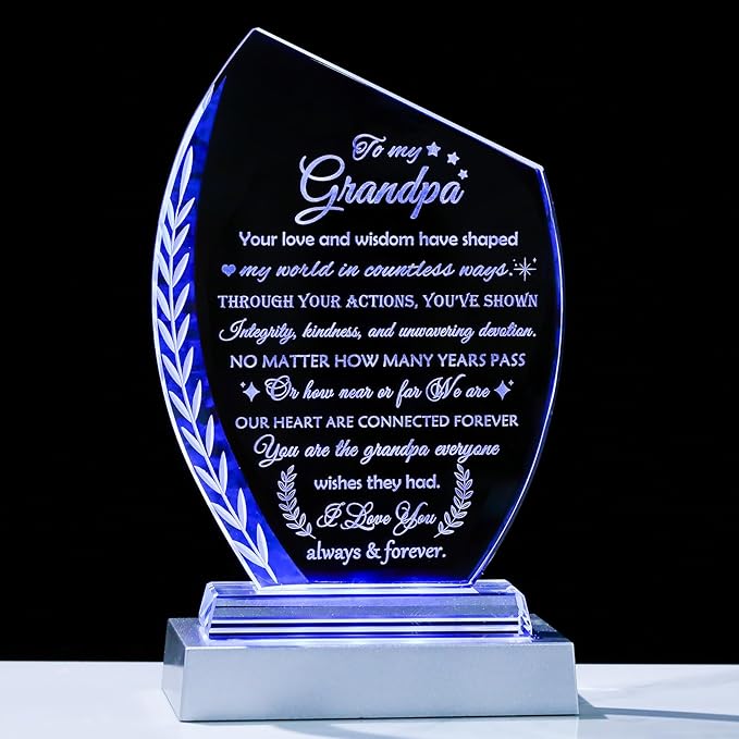 Birthday Gifts for Grandpa from Grandkids Glass Plaque Unique Present To My Grandpa with Colorful Led Base, Grandfather Gift for Thanksgiving Christmas Retirement Fathers Day