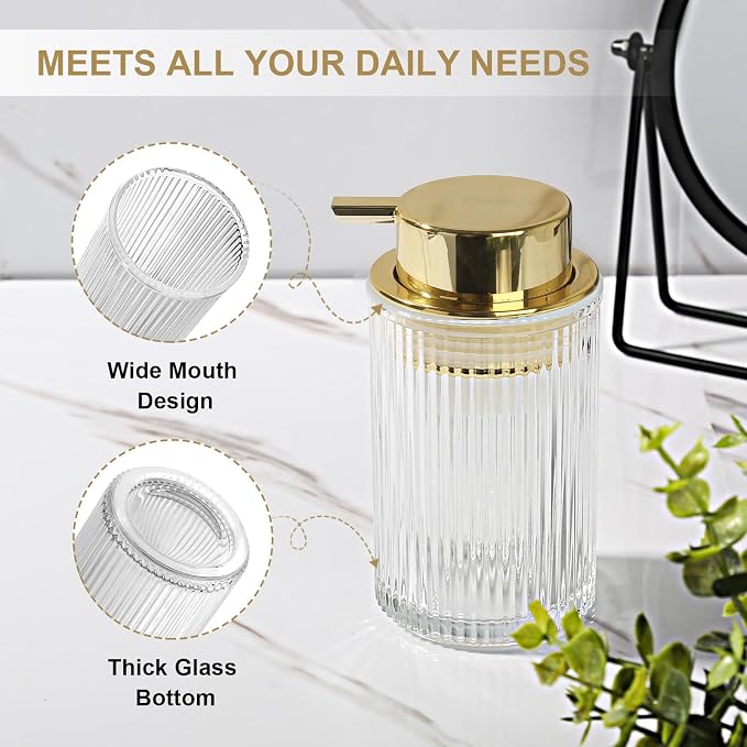 KASUNTING Foaming Soap Dispenser, 11 Fl Oz Clear Glass Foam Hand Soap Dispenser for Bathroom & Kitchen, Refillable Foaming Bottle with Gold Pump, Modern Ribbed Dish Soap Foam Dispenser
