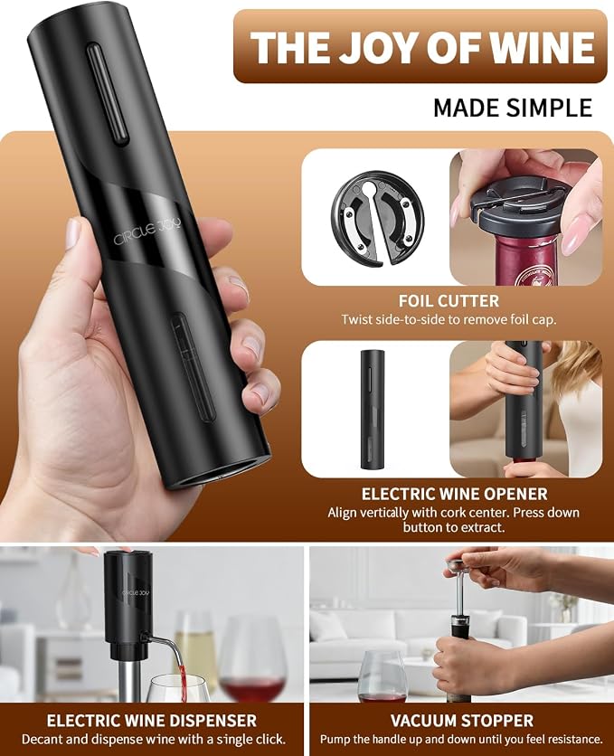 CIRCLE JOY 5-in-1 Electric Wine Bottle Opener Set, Rechargeable Wine Opener Kit, Cordless Wine Gift Set with Foil Cutter, Electric Aerator & Pourer and Vacuum Stopper for Wine Lovers, Black