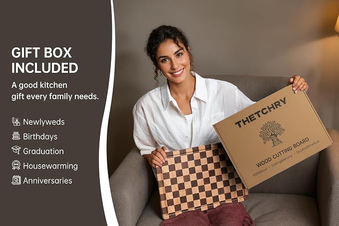 Cutting Boards for Kitchen, Checkered Wooden Cutting Board | 14"x11" Walnut End Grain Chopping Board with Juice Groove & Handle, Serving Tray for Prep Meat, Bread & Fruit