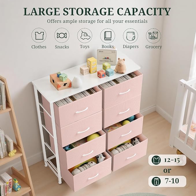 8-Drawer Dresser for Bedroom, Anti-Tip Tall Storage Organizer Chest of Drawers with Wooden Top and Metal Frame Fabric Bins for Closet, Living Room, Hallway, Entryway, Pink
