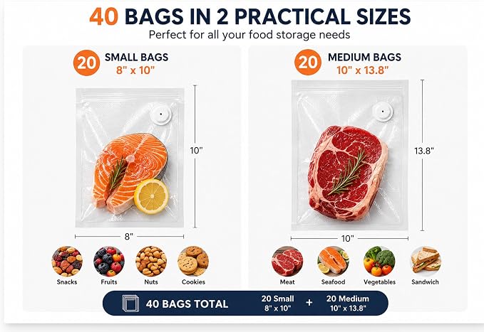 Vacuum Sealer Bags for Food, 40 Count Reusable Food Storage Bags with Air Valve, 20 Small +Medium ，Double-Zipper Bags for Meal Prep, Freezer Storage & Food Organization