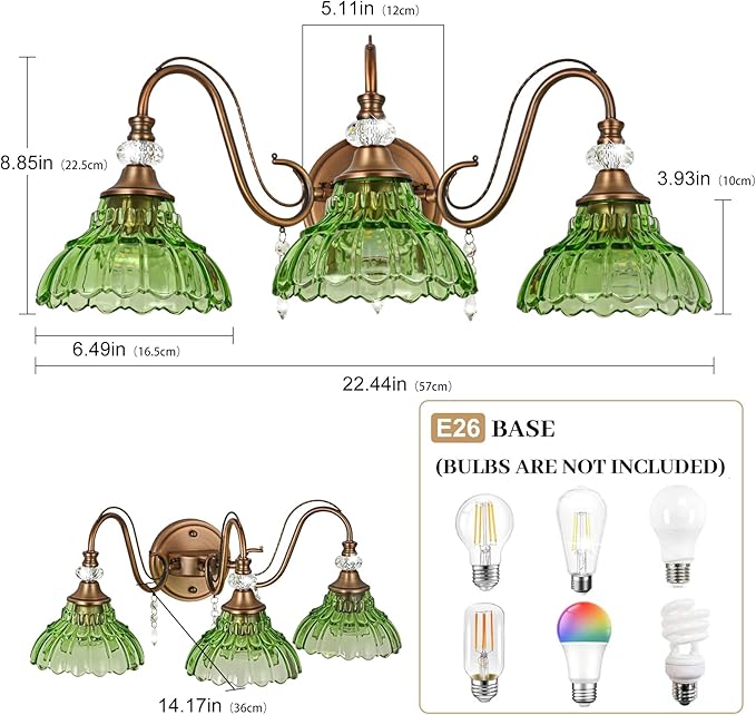 Vintage Bathroom Vanity Light, 3-Light Matte Antique Brass Finish Wall Sconce with Hanging Crystal Accents and Flower-Shaped Green Glass Shades, Retro Wall Mount Vanity Light Over Mirror for Bathroom