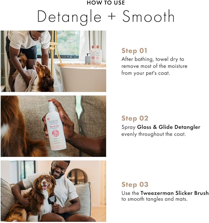 Smooth Coat Care Set by Tweezerman & Veterinary Formula – Gloss & Glide Detangling Spray with Large Slicker Brush for Dogs, Cats, Puppies & Kittens – Tangle-Free Grooming Duo for Medium & Large Breeds
