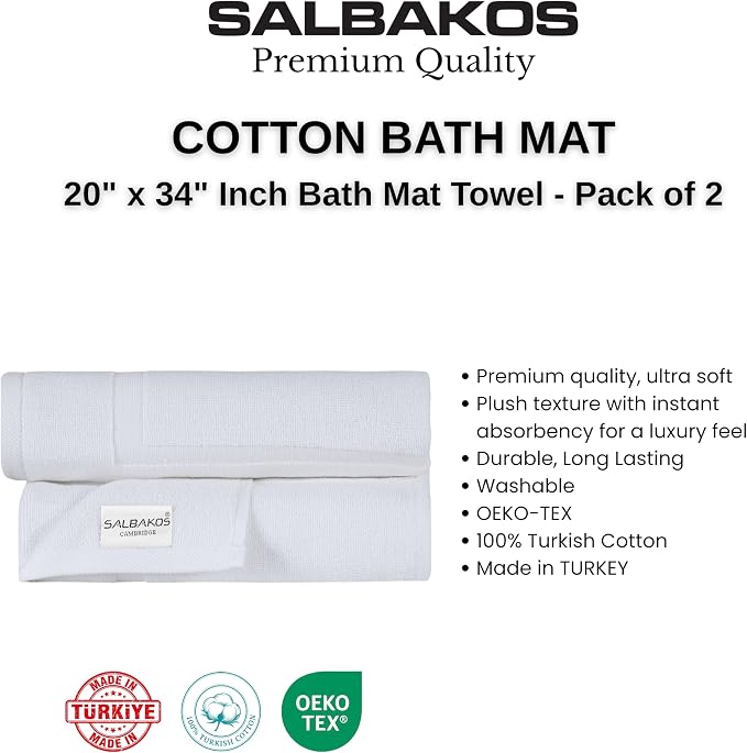 SALBAKOS 2-Piece 100% Turkish Cotton Bath Mat Towel, 20x34 inch, White | Bathroom Floor Towels, Thick Soft Most Absorbent Quick-Dry Durable Large Size Foot Rug, Premium Hotel Quality Made in Turkey