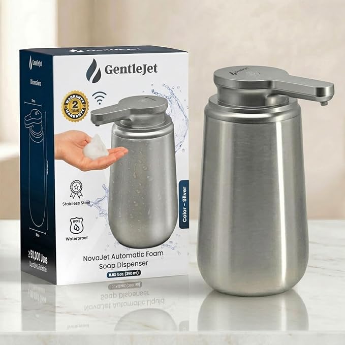GentleJet NovaJet Automatic Foaming Soap Dispenser Touchless Sensor, USB-C Rechargeable, 304 Stainless Steel, IPX5 Waterproof for Bathroom Kitchen Sink, 12 oz / 350 ml