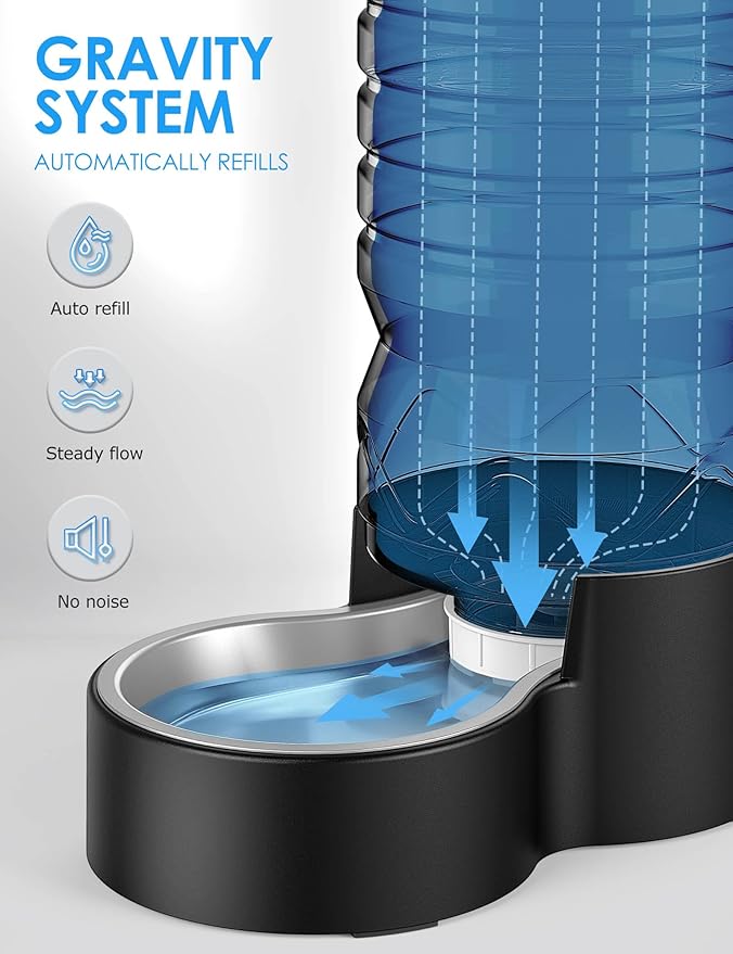 Heouvo 2.5 Gallon Automatic Dog Water Dispenser (9.5L-Black) | Wide Mouth, Easy Clean/ Removable Stainless Steel Bowl/ Gravity Refilling, Large Capacity for Cats and Dogs, Multi-Pet Homes