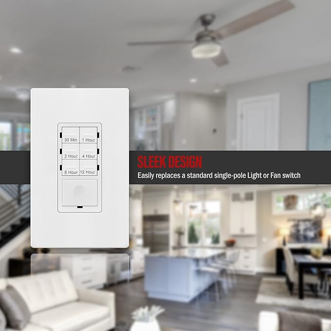Enerlites HET06 12 Hour Timer Switch for Patio, Path, Porch Lights and Sprinklers | 30min-12Hr, Timer for fan motor and ventilation, 1/2HP Support, Single Pole, UL Listed, Neutral Wire Required, White