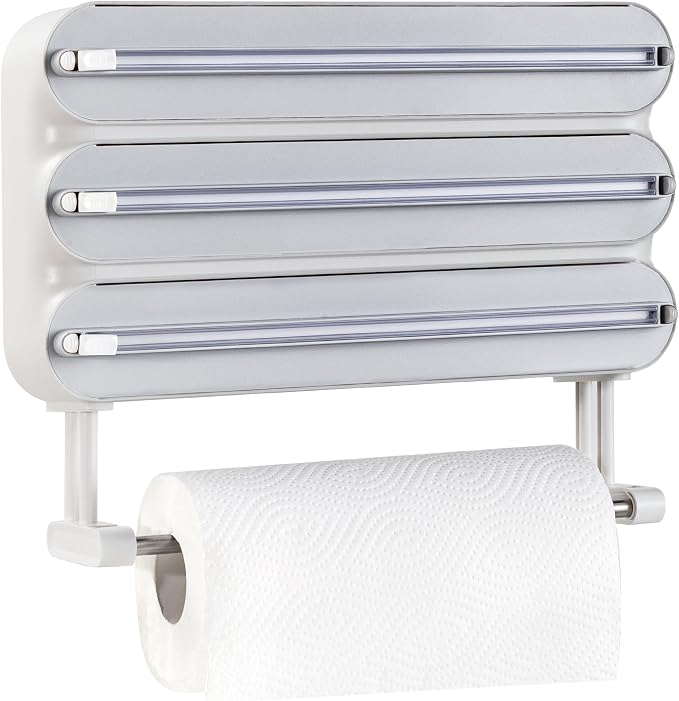 Aluminum Foil & Plastic Wrap Dispenser with Cutter - Magnetic & No-Drill Wall Mount, Cling Film Dispenser with Paper Towel Holder, Space-Saving 4-in-1 Kitchen Organizer - Fits 12" Roll, White