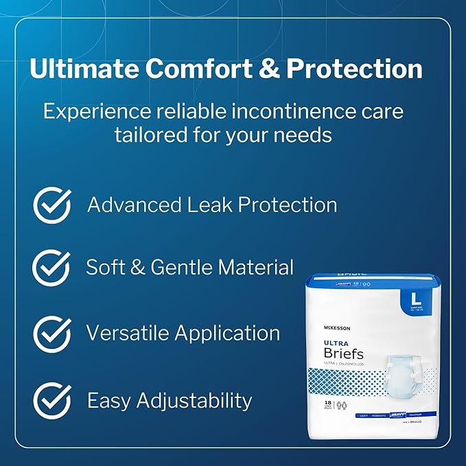 McKesson Ultra Briefs, [18 Count], Size L, 45-58 in. Incontinence Adult Diapers, Heavy Absorbency, Unisex, Disposable, Elastic Leg Gathers and Contoured Fit for Men and Women