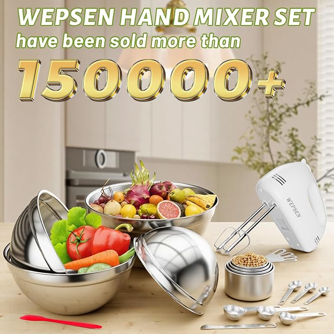 WEPSEN 5-Speed Electric Hand Mixer, 4 Large Mixing Bowls Set, Handheld Mixers with Whisks Beater, Stainless Steel Metal Nesting Bowl Measuring Cups Spoons Kitchen Cake Blender for Baking Supplies