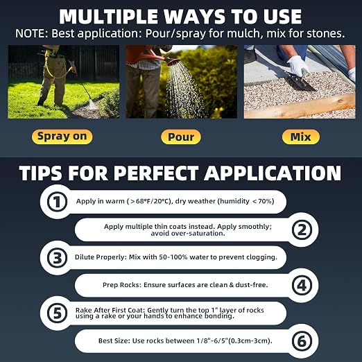 Rock Glue for Landscaping – 1 Gallon (Make 2 Gallons) Mulch Binder with Grip Max, Max Coverage Gravel Glue for Rocks, Gravel & Pine Straw, Covers Up to 3X Area, Fast-Drying & Weather-Resistant