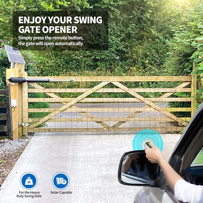 TOPENS A8S Automatic Solar Gate Opener for Heavy Duty Single Swing Gate Up to 18ft, Single Swing Gate Operator Battery Powered with Remote Control Kit Gate Motor Solar Panel Included