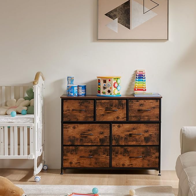 OLIXIS 7 Drawer Dresser for Bedroom, Wide Fabric Storage Tower with Wooden Top and Metal Frame, Closet Chest Organizer Furniture, TV Stand for Living Room Hallway, Rust Brown