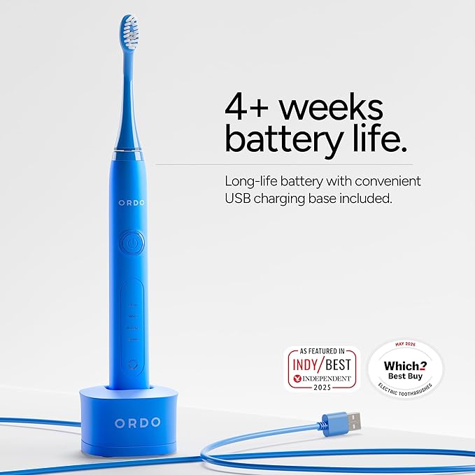 Ordo Sonic+ Electric Toothbrush for Adults, Advanced Smart Tech, 4 Brushing Modes, Fast Rechargeable, Sonic Toothbrushes Over 4 Weeks Battery Life, Silicone Polishing Element, USB Charger, Arctic Blue