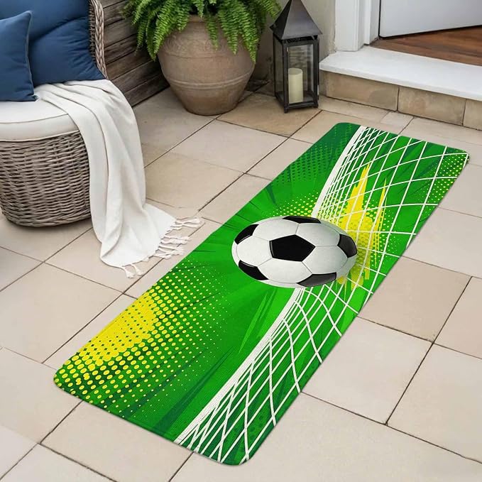 Green Football Bathroom Runner Rugs Non Slip Washable Absorbent Narrow Long Bath Mat Soccer Ball Goal Net Vibrant Runner Rugs for Kitchen Hallway Bedroom Laundry Study Room 19.7"x63"