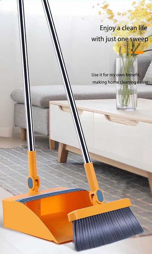 Folding Broom and Dustpan Set, Long-Handled Sweeper with 180° Swivel Head and Scratching Teeth, Suitable for Home and Office Use Black