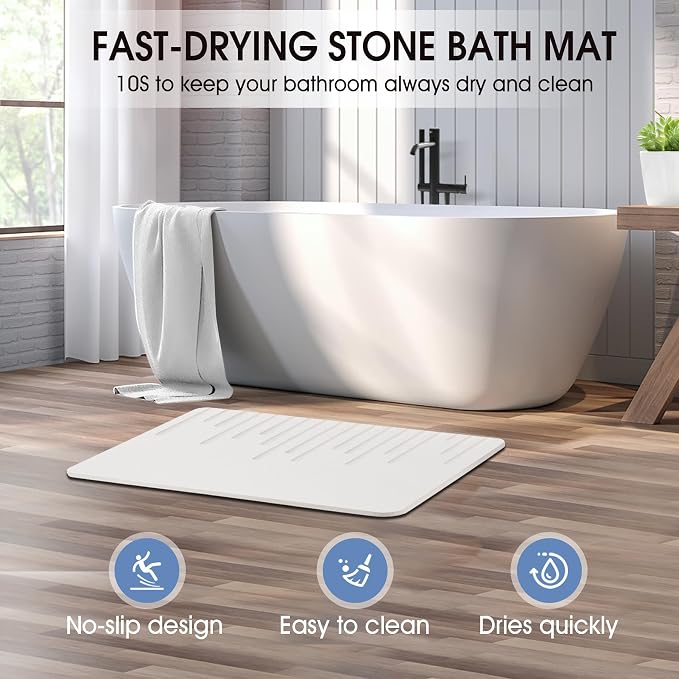 Veeloim Stone Bath Mat Diatomaceous Earth Bath Mat Non-Slip Quick Drying Diatomite Stone Shower Mat Natural Easy to Clean23.6 * 15.4"