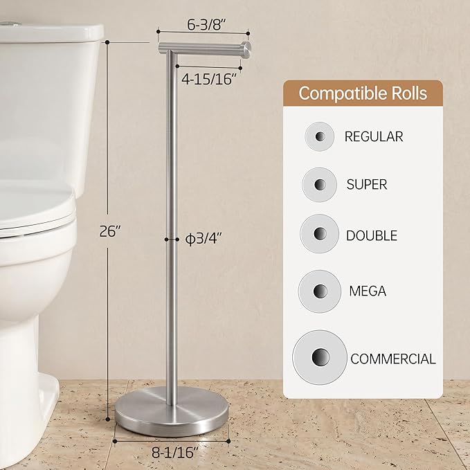 KES Toilet Paper Holder Stand 26" H (Taller Version), Free Standing Toilet Paper Roll Holder with Weighted Base for Bathroom, Rustproof SUS304 Stainless Steel Brushed Finish, BPH283S66-2
