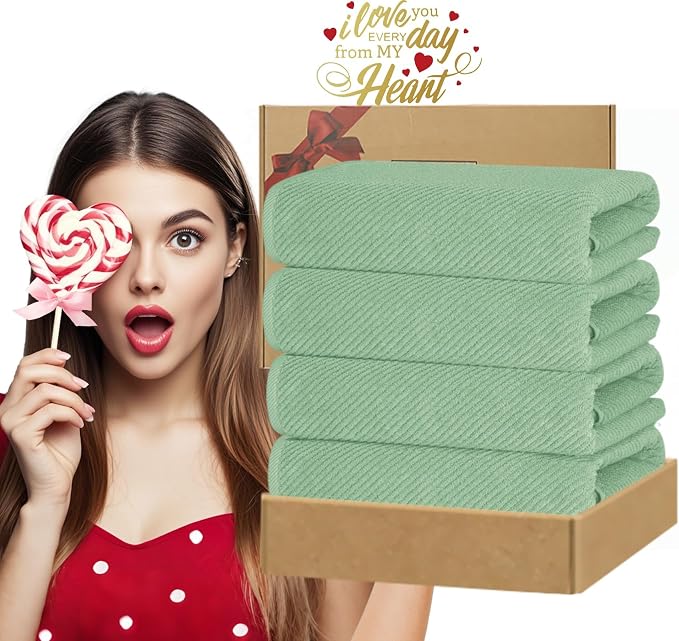 VOOVA & MOVAS Bath Towels 4PC, 100% Cotton, 30x56 in, Sage Green | Quick Dry, Thick, Soft, Absorbent, Luxury Shower Towel For Bathroom, Bath Towels Gift Set