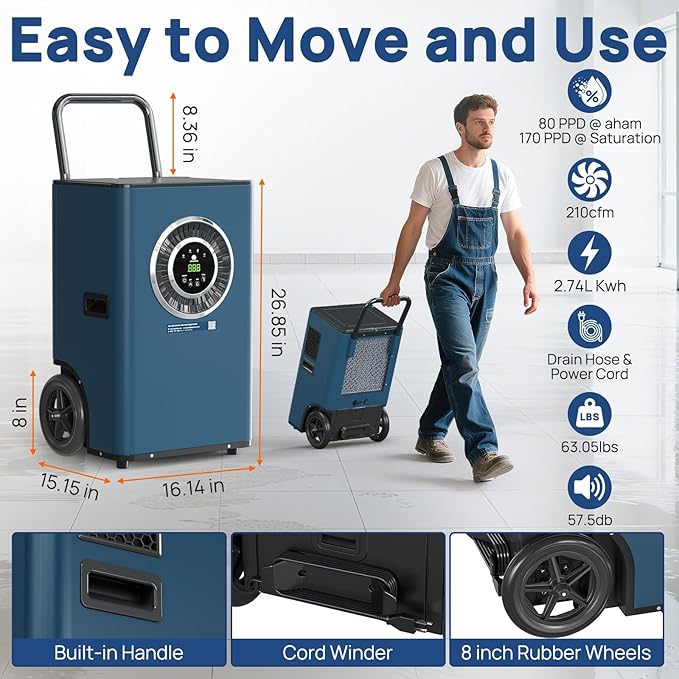 ARGENDON 170 Pints LGR Commercial Dehumidifier with Pump and Drain Hose for Large Spaces up to 2100 sq.ft, Basement Dehumidifiers for Water Damage Restoration, Industry Use, 5-Years Warranty