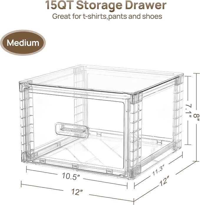 Vtopmart 6 Pack Clear Stackable Storage Bins 15QT, Easily Assemble Bathroom Organizers,Plastic Storage Bins for Kitchen Pantry,Under Sink Organization(Medium)