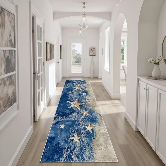 Summer Seaside Hallway Runner Rug 4x10 - Starfish Fishing Net Washable Non Slip Runners Rug, Sea Beach Soft Low Pile Ktichen Rugs for Entrance Corridor Living Room Bedroom