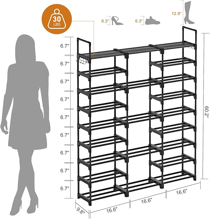 WOWLIVE 9 Tiers Large Shoe Rack Storage Organizer for Closet 50-55 Pairs Shoe Tower Unit Shelf Stackable Shoe Rack with Metal Pipes Plastic Connectors Black(SSS3B9)