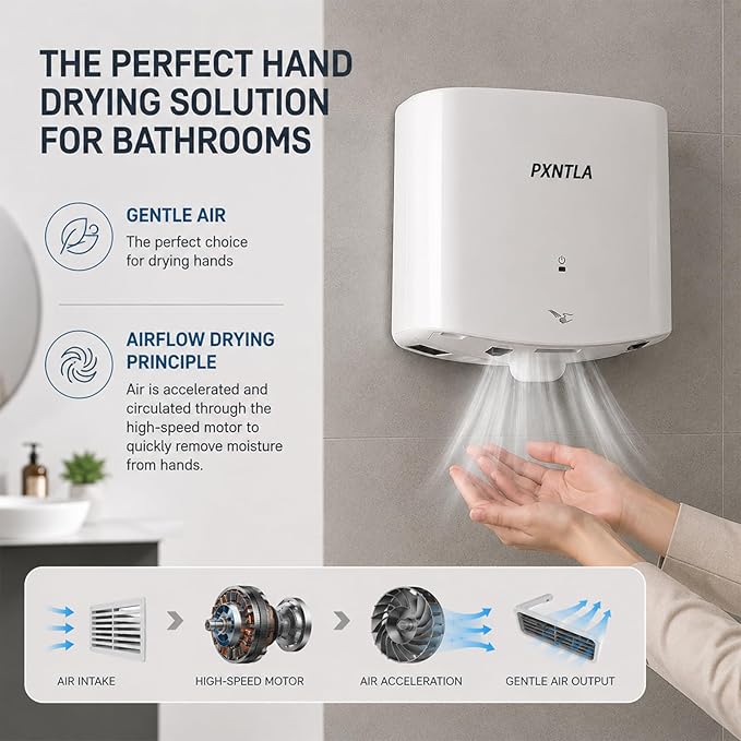 Hand Dryer, 12-15 Seconds Fast Dry Hands, 100-130V Voltage, Bottom Hot & Cold Air Switch, IPX1 Waterproof & 60s Overheat Protection