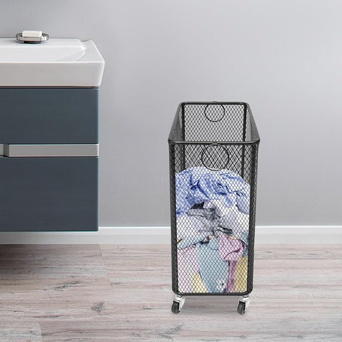 Metal Laundry Storage Cart - Slim, Mesh Wire Rolling Laundry Hamper with Wheels & Ring Handles, Clothes or Linen Storage Organizer Hamper Bin Laundry Basket, 9"L x 17"W x 18"H, Black