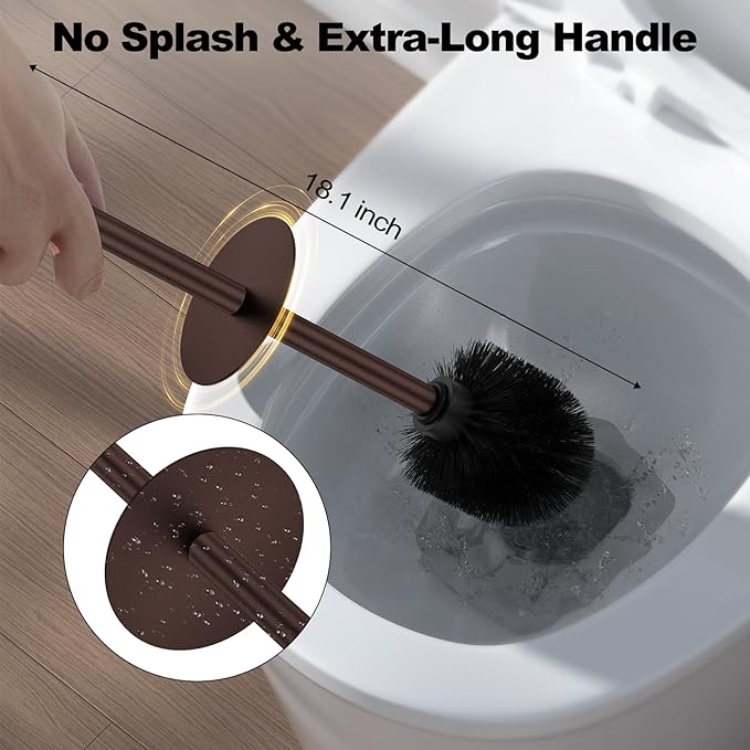 Bronze Toilet Brush and Holder Set，Stainless Steel Heavy Duty Toilet Bowl Brush，Extra Long Handled Modern Toilet Cleaner Brush with Replaceable Head, Removable Inner Bowl, and Splash Protection