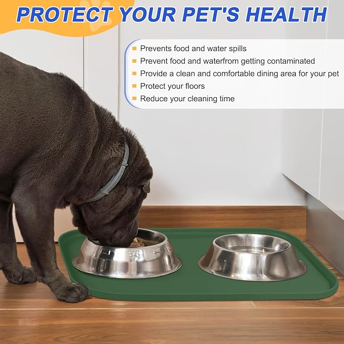 SMILOOL Waterproof Silicone Pet Food Mat with Raised Edge for Dog & Cat | 22" x 14" Non-Slip Pet Feeding Mats with Lip for Food & Water Bowl, Food Grade, Easy Cleaning, Dark Olive