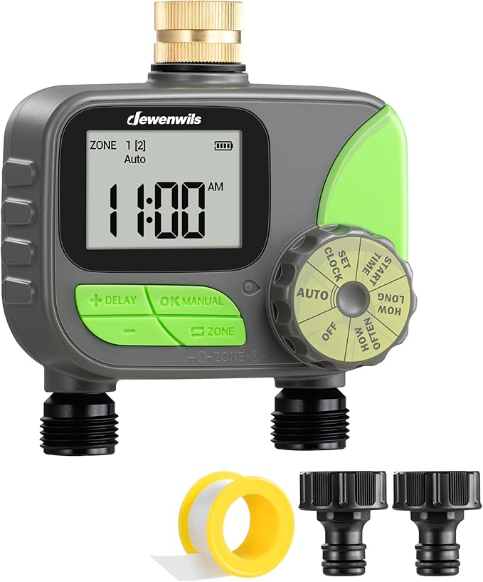 DEWENWILS 2-Zone Outdoor Hose Timer - Automatic Sprinkler Timer with Brass Inlet, Rain Delay & Manual Control for Lawn, Garden, and Yard Irrigation