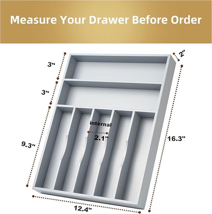Besilord Silverware Organizer 13 Inch Gray Bamboo Kitchen Drawer Organizer 7 Slots Utensil Organizer Silverware Holder Cutlery Organizer Flatware Tray (Large)