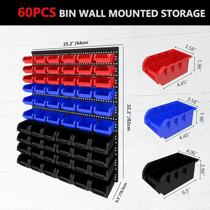 60Pcs Plastic Wall Mounted Storage Bins Parts Rack Nuts And Bolt Bins Organizer For Shop Garage for Screws, Nuts, Bolts, Nails, Beads, and Small Hardware Parts(RED+BLUE+BLACK, 60)