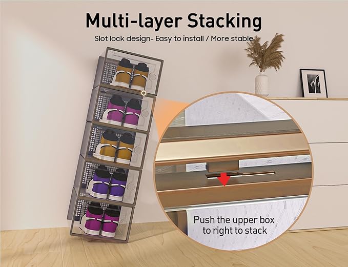 Kuject X-Large Shoe Storage Boxes Organizers for Closet 12 Pack, Fit Size 11,Clear Plastic Stackable Sneaker Containers for Entryway, Space Saving Shoe Rack, Brown