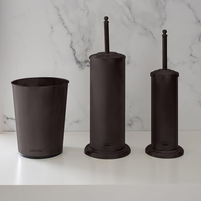 Bath Bliss Bathroom Accessories 3 Piece Trash Can, Plunger & Toilet Brush Combo Bath Set, Oil Rubbed Bronze (Model: AZ-120001-ORB)
