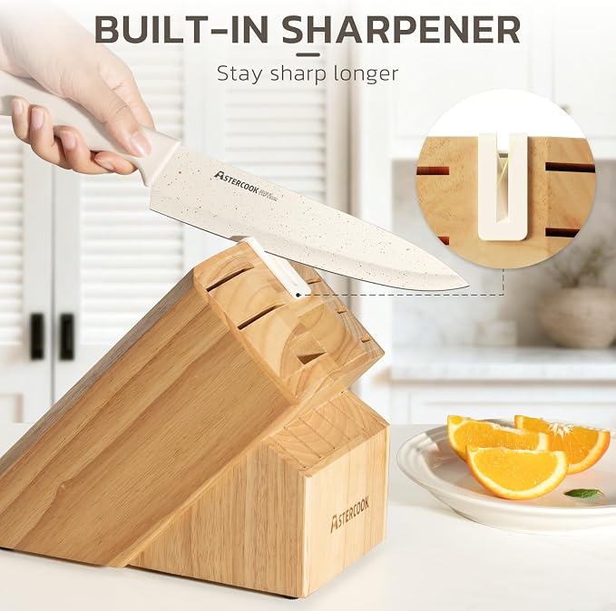 Astercook Knife Set, 15 Pieces Kitchen Knife Set with Sharpener Block, German Stainless Steel Knives with Anti-Rust Coating, Dishwasher Safe, Elegant Cream White Design, Perfect for Holiday Gifts