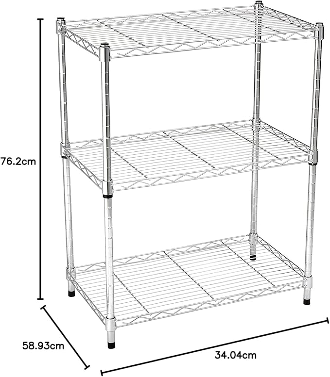 Amazon Basics 3-Shelf Adjustable Heavy Duty Steel Wire Shelving Rack with Chrome Finish, No-Tool Assembly, 250 lbs per Shelf, 23.2" L x 13.4" W x 30" H