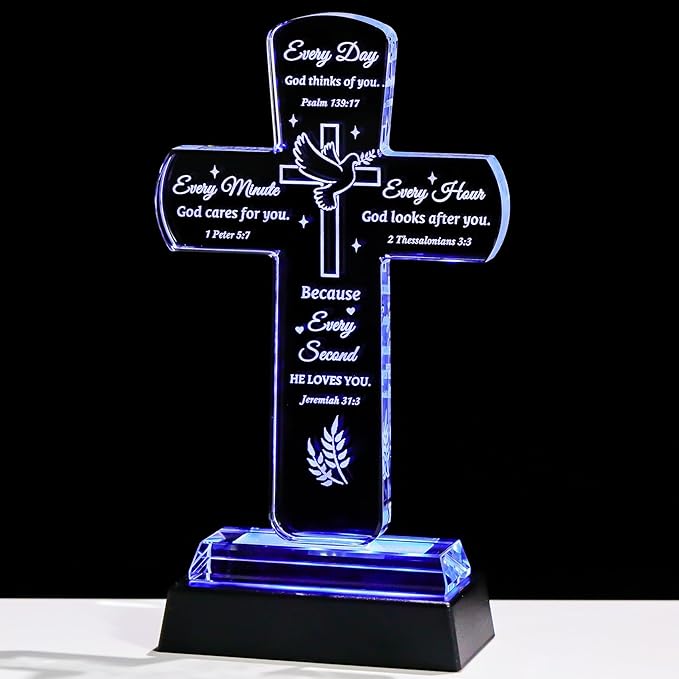 Movdyka Christian Inspirational Gifts for Women, Crystal Cross Bible Verse Plaque Decor with Light Base, Religious Faith Spiritual Prayers Encouragement Gift for Woman Men Mom Daughter Friends