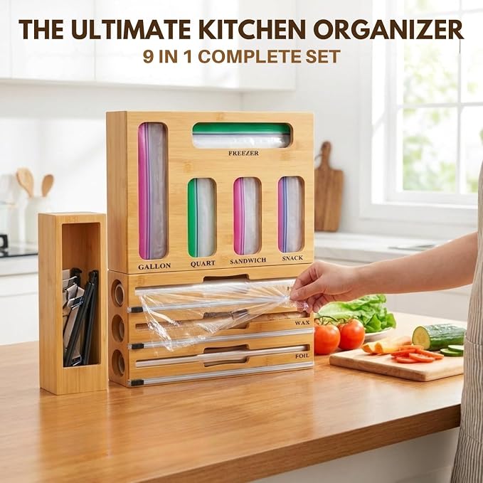 9 in 1 Bamboo Kitchen Drawer Organizer for Storage Bags, Foil & Plastic Wrap Holder with Built-In Cutter, Fits Gallon, Quart, Sandwich, and Snack